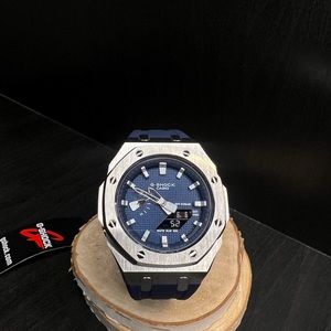 Fully Custom GA2100CA-8A Offshore Casioak G-SHOCK Casio SILVER Case Blue Rubber